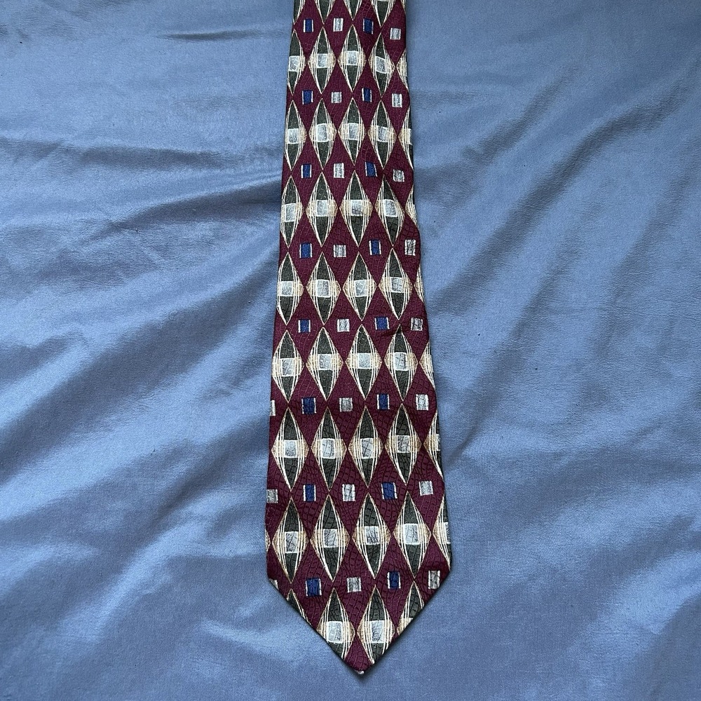 Lands' End Silk Tie Red Geometrical Pattern Hand Sewn in U.S.A.